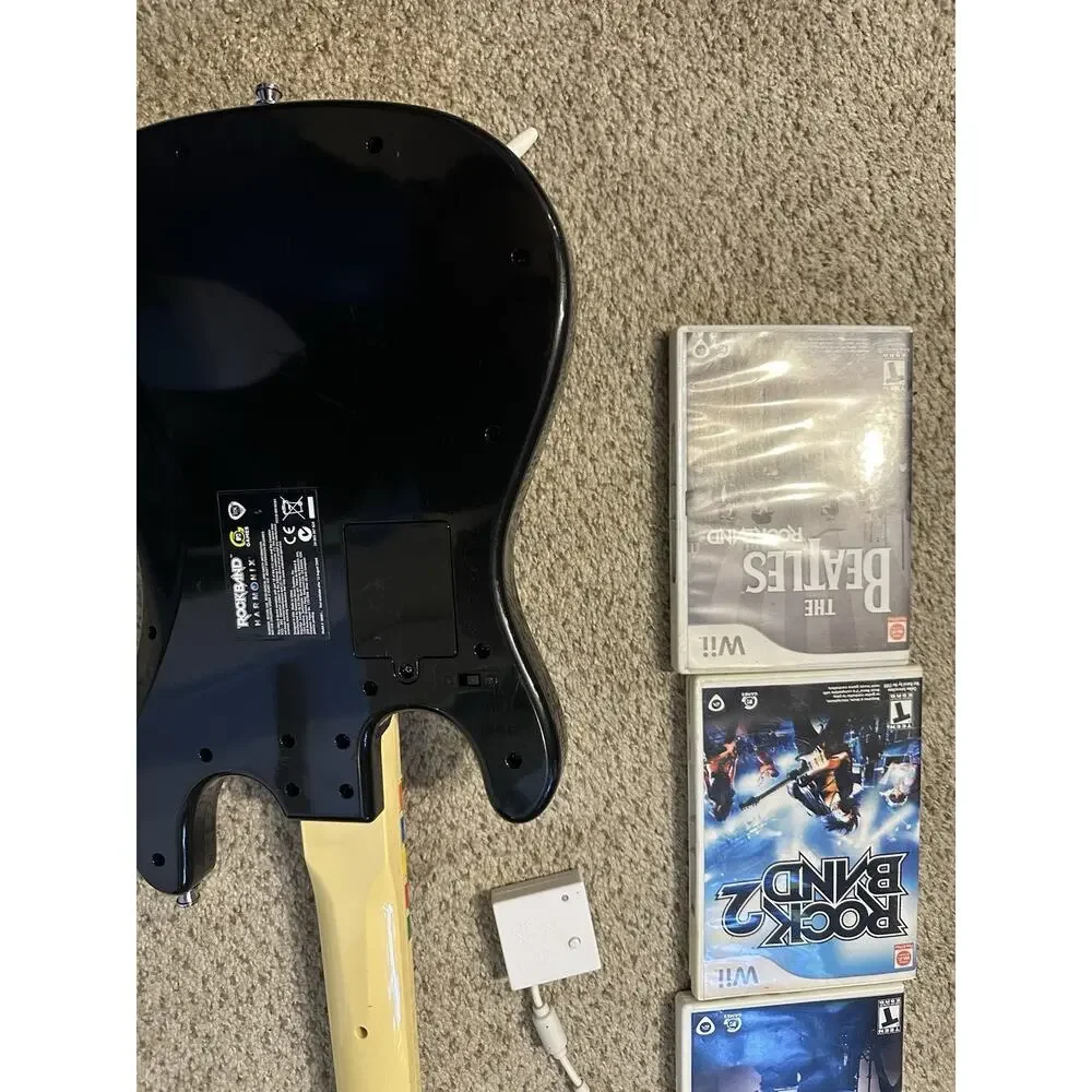 Nintendo Wii Rock Band Guitar w Dongle Strap 1 2 Games RockBand Beatles Tested